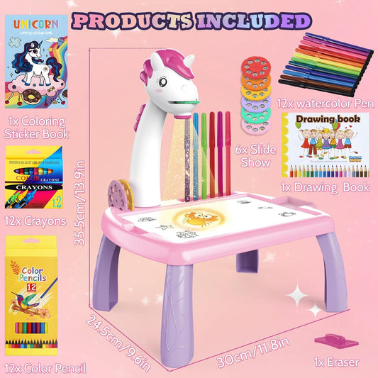 Mesa de Desenho com Projetor Infantil de 48 Peças Unicórnio Rosa