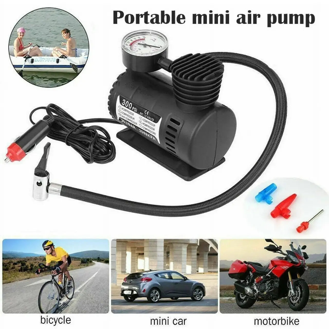 Compressor de Ar Portátil 300 PSI – Elétrico para Pneus de Automóvel